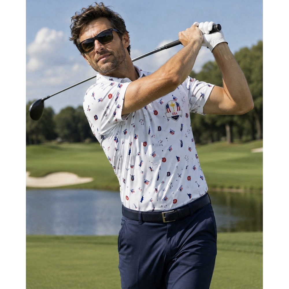 Ralph Lauren Golf Polo Shirt Size M Blue All Over Print America RLX